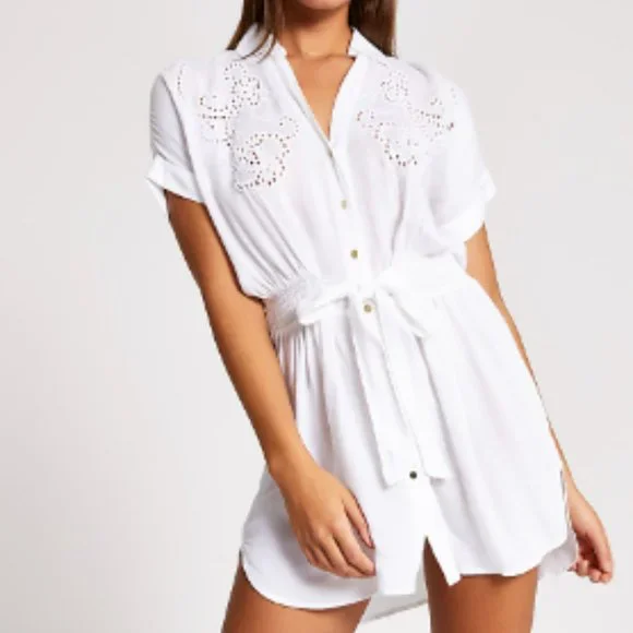 River Island | Dresses | Nwt River Island Resort Eyelet Embroidered Tie  Front Shirt Beach Dress Sz M | Poshmark